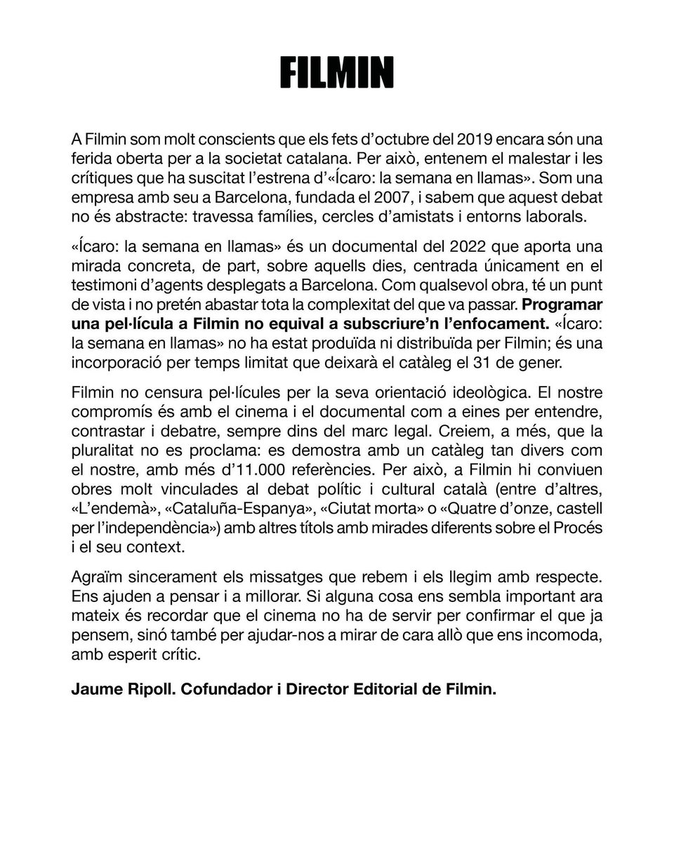 SergiMaranya's tweet image. ATENCIÓ 20.40 h: Filmin diu que no pensa retirar fins al 31 de gener (tal com estava previst) el documental “Ícaro: la semana en llamas”, que blanqueja l’actuació de la policia espanyola després de la sentència del Procés.
🤔 Tenen total llibertat per no retirar aquesta merda,…