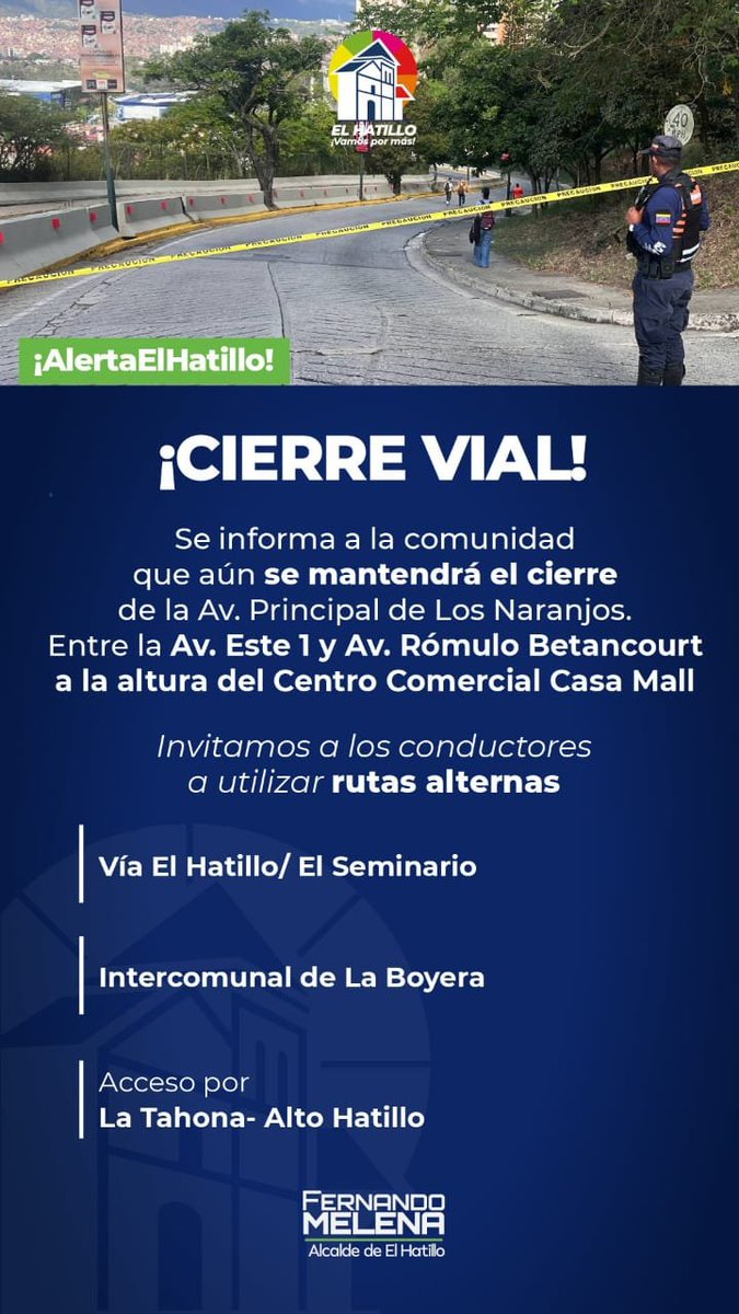 eldiario's tweet photo. #19Ene | La Dirección de Servicios Públicos de El Hatillo recordó que la avenida principal de Los Naranjos se mantiene cerrada debido a las labores de reparación de una tubería matriz. 

El #16Ene, la misma institución informó que se generó la rotura de una tubería matriz en la subida de la avenida Los Naranjos. La avería causó inundación en las avenidas cercanas, entre el centro comercial Casa Mall y Los Semerucos.

📸: @ServiciosEH