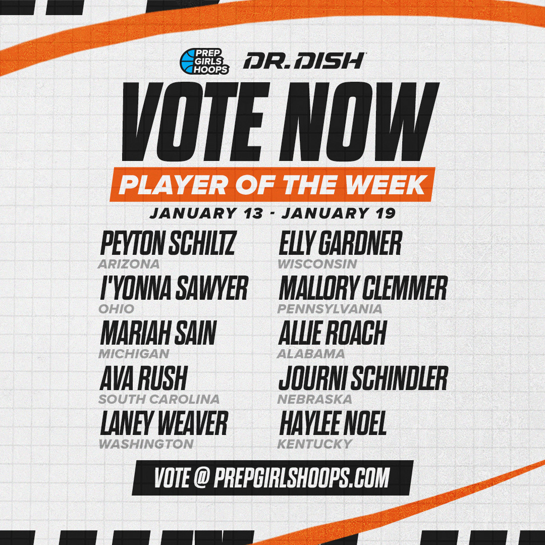 Prep Girls Hoops <a href="/drdishbball/">Dr. Dish Basketball</a> Player of the Week is here for January 13 to January 19!

<a href="/HayleeCNoel1/">Haylee Noel</a> <a href="/SchindlerJourni/">Journi Schindler</a> <a href="/roach_allie24/">Allie Roach</a> <a href="/mallory_clemmer/">mallory clemmer</a> <a href="/tae_gardner/">Elly Gardner</a> <a href="/thelaneybug/">Laney Weaver</a> @avarush2026 <a href="/CbgMar5/">Mariah Sain</a> <a href="/PeytonSchiltz/">Peyton Schiltz</a> 

🗳️ Vote now: prepgirlshoops.com/2026/01/who-is…