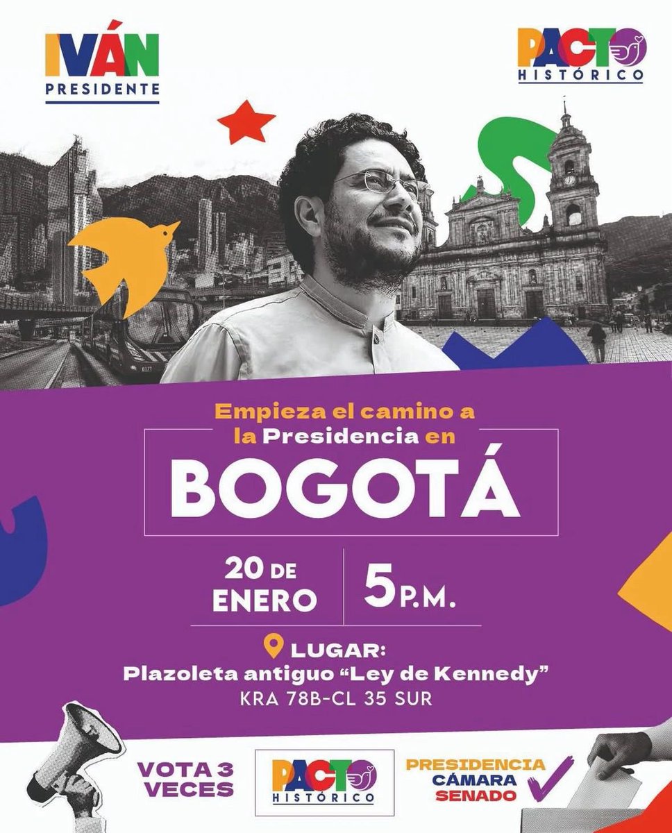 #PorBogotáConIván

Nos vemos este martes 20 de enero, 5 p.m en la plazoleta del antiguo Ley de Kennedy para rodear y respaldar a nuestro candidato <a href="/IvanCepedaCast/">Iván Cepeda Castro</a> 

Desde los territorios, con unidad y dignidad, vamos a ganar.