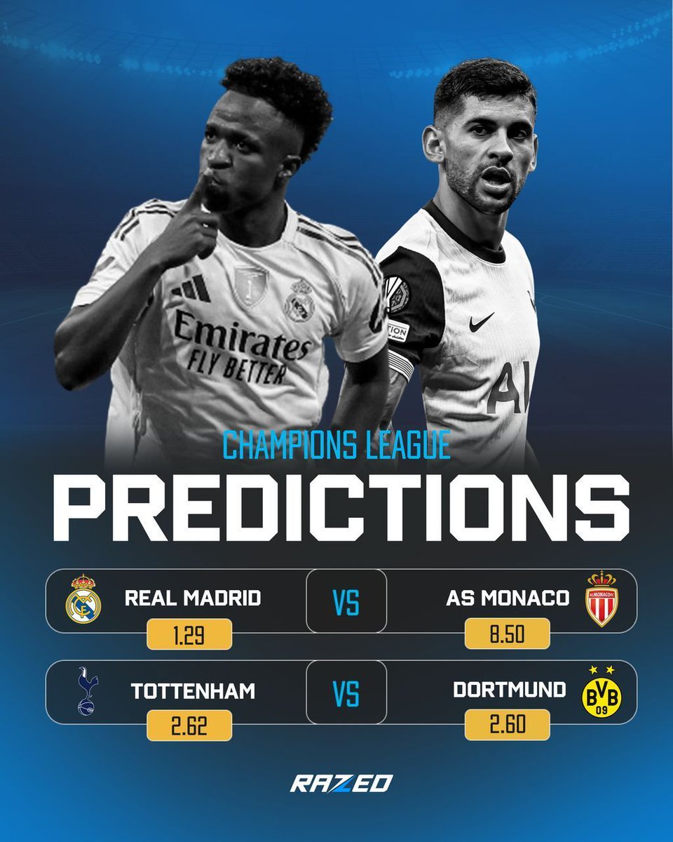 Champions League Predictions ⚽️

Real Madrid vs AS Monaco
Tottenham vs Borussia Dortmund

Predict the score for each game and win $150 cash💰

1 Entry only. 1 Winner.⚠️
Winner announced soon ⏰