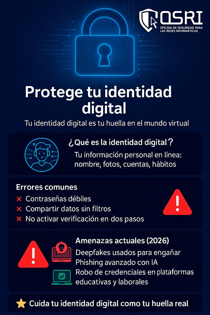 ¿Sabías que tu identidad digital es tan valiosa como tu documento de identidad?.Cada vez que compartes una foto,haces clic en un enlace,estás dejando una huella.Aprende cómo cuidar tu información.Tu seguridad comienza con una buena decisión.
#OSRICuba  #CiberseguridadParaTodos