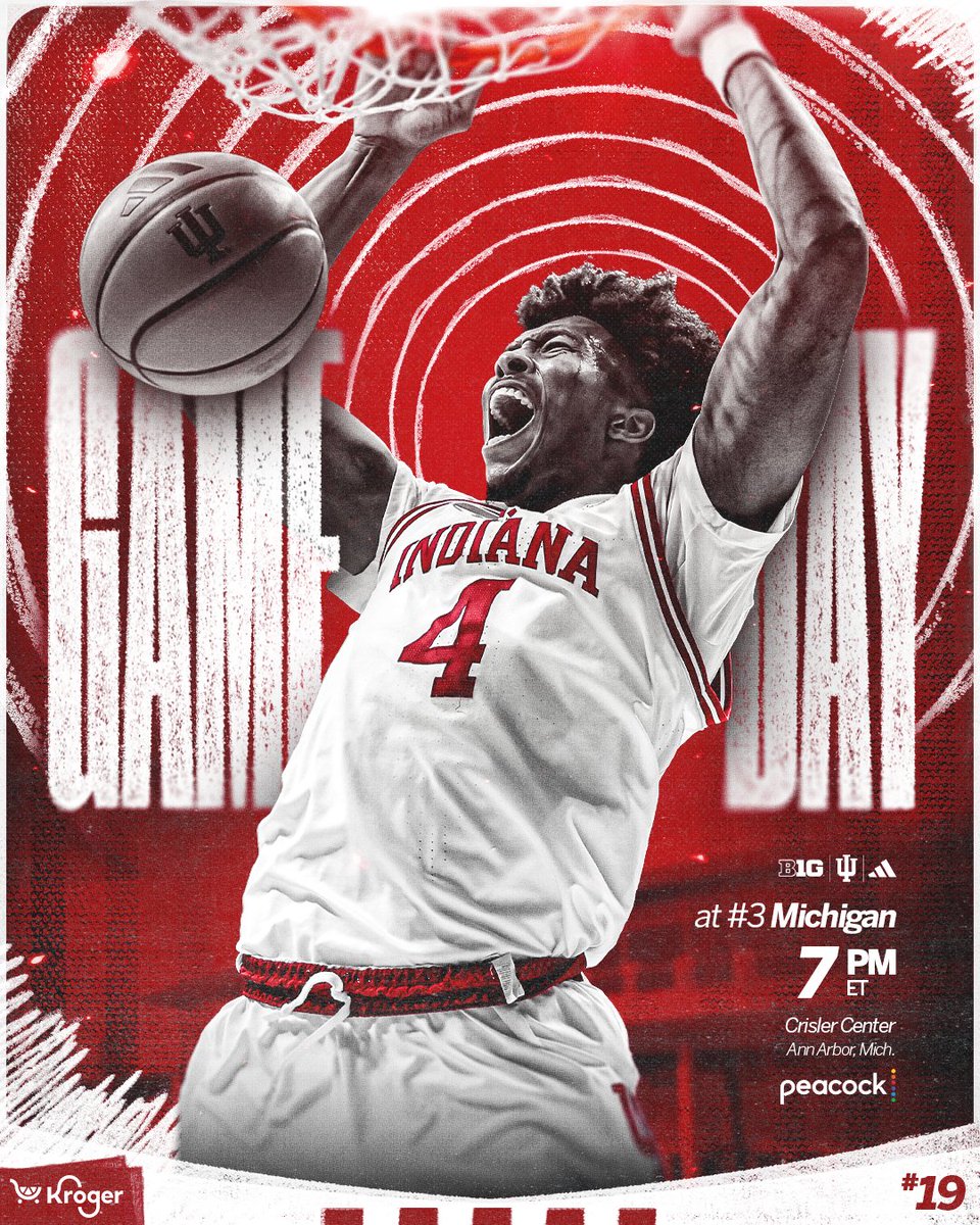 IndianaMBB's tweet photo. Tuesday night hoops  in Ann Arbor.

🆚 No. 3 Michigan
⏰ 7 p.m. ET
📺 Peacock
📡 IU Radio Network
📍 Ann Arbor, Mich. https://t.co/n7vEwZdAjC