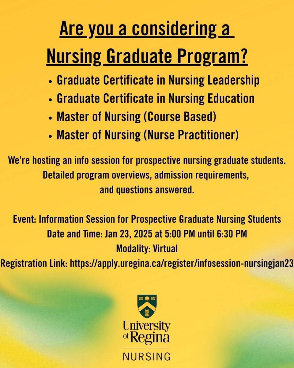 Are you considering a Nursing Graduate Program?  #NursingGraduateProgram #NursingLeadership #NursingEducation #MasterOfNursing #NursePractitioner #NursingCareers #NursingInfoSession
ow.ly/8Z7K50XZQ0E