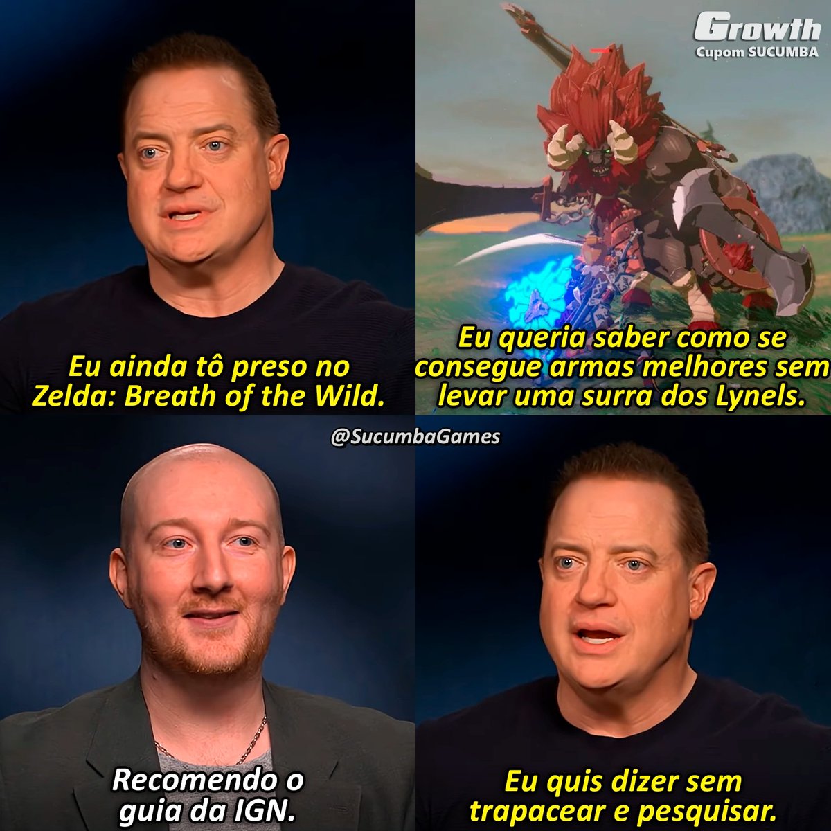 SucumbaGames's tweet photo. Brendan Fraser revelando que está preso em Zelda BotW pois gosta de aprender as coisas na marra sem pesquisar na internet. https://t.co/rDfSbDsneM