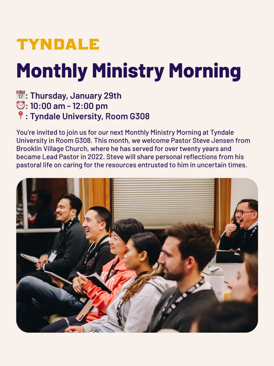 You're invited to Tyndale’s Monthly Ministry Morning ☕️
Pastor Steve Jensen (Brooklin Village Church) shares reflections from 20 years of ministry &amp; stewarding resources in uncertain times.

📆 Jan 29 | 🕙 10–12
👉 RSVP: bit.ly/4qwg24R

#PastoralMinistry #Leadership
