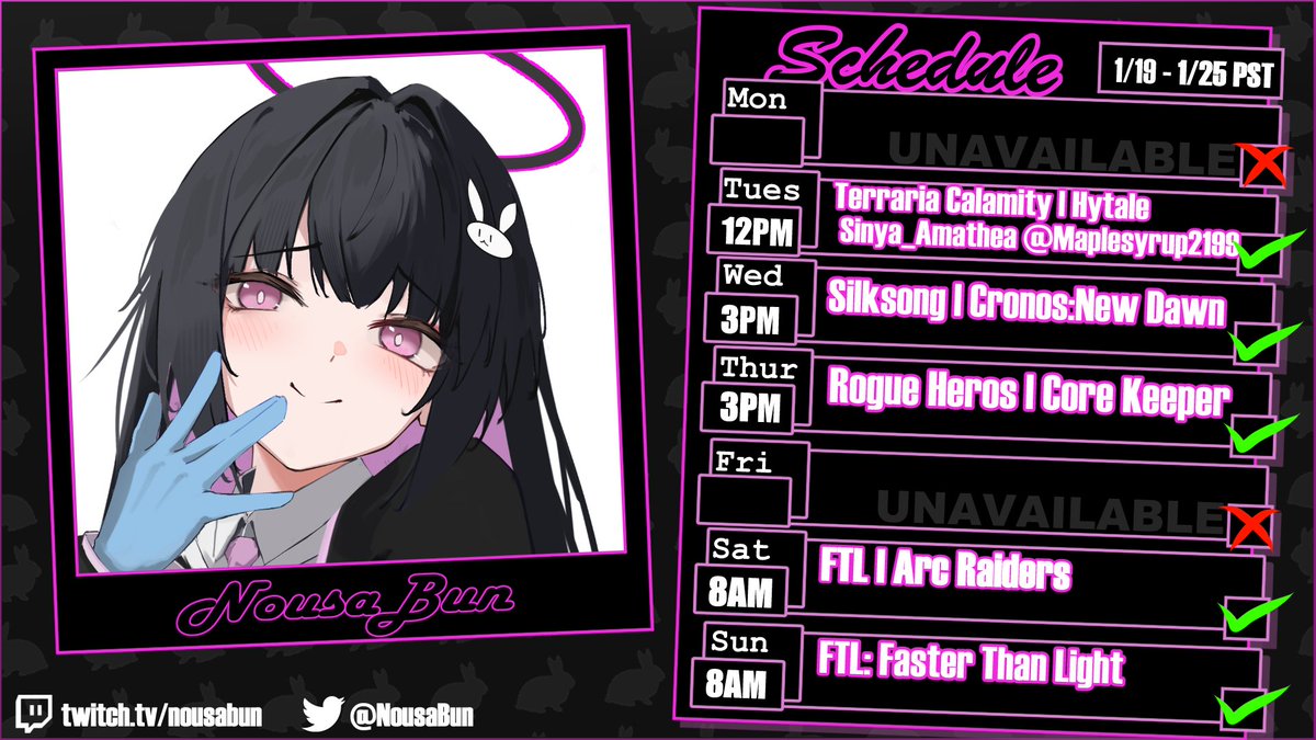 we'll finally be trying out hytale which as been a game i really was excited for as well as continuing playing more core keeper! later on we'll continue our usual questing in silksong and soon we'll be trying our new horror game cronos for the first time! see you all soon! 🐇