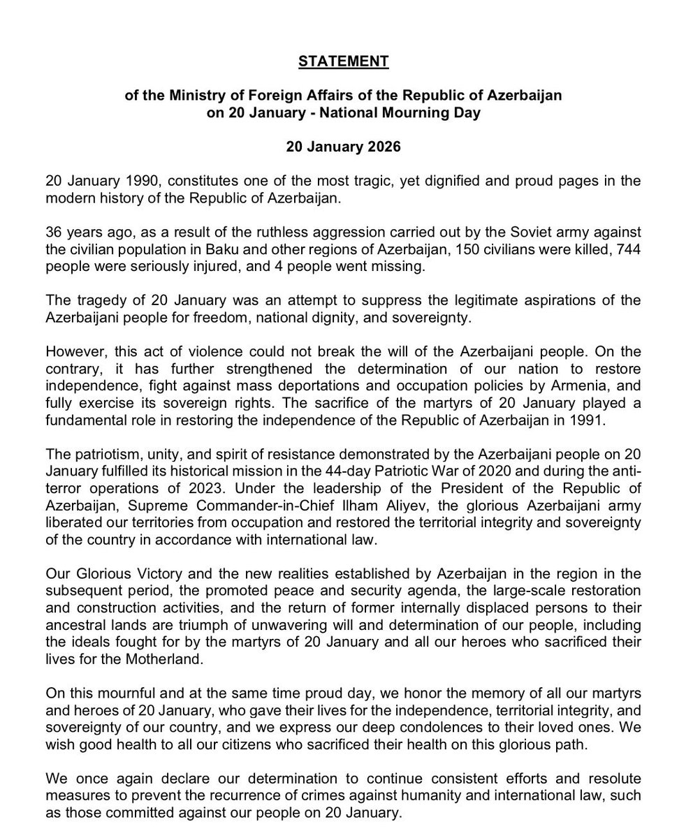 AzMissionMont's tweet image. Saopštenje Ministarstva vanjskih poslova Republike #Azerbejdžan povodom 20. januara – Dana nacionalne žalosti #20January