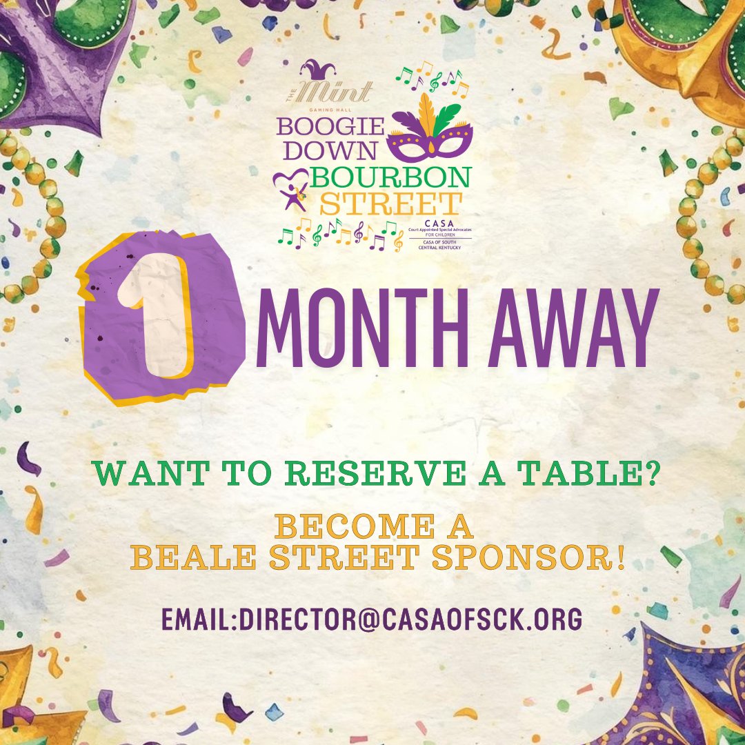 🎷 One month away! Boogie Down Bourbon Street 
Presented by The Mint | Feb 20
📍 La Gala | Downtown BG
Mardi Gras–themed eats, live entertainment &amp; festive vendors—benefitting CASA of South Central Kentucky.
🎟️ Reserve a table and become a Beale Street Sponsor today! #CASASCKY