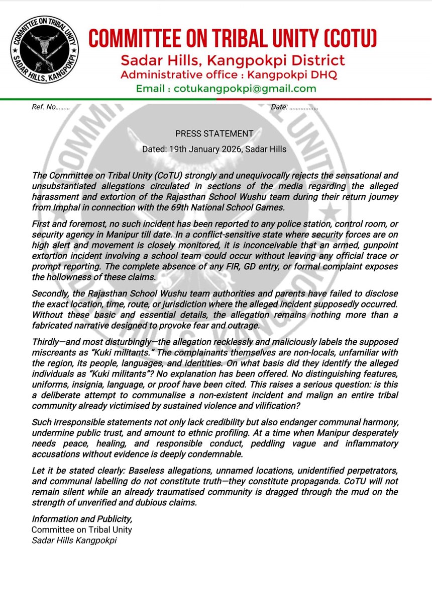 Manipur : CoTU rejects unsubstantiated harassment or extortion claims against the Rajasthan School Wushu team because no FIR, no official complaint no specific location and the false “Kuki militants” label spreads harmful propaganda that harms community harmony.