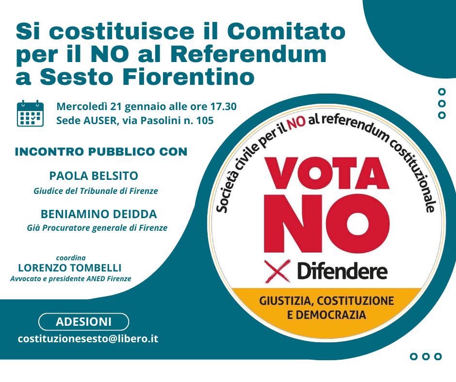 Mercoledì 21 gennaio a Sesto Fiorentino si costituisce il Comitato per il NO al #referendum costituzionale sulla #giustizia.
#giustodireno