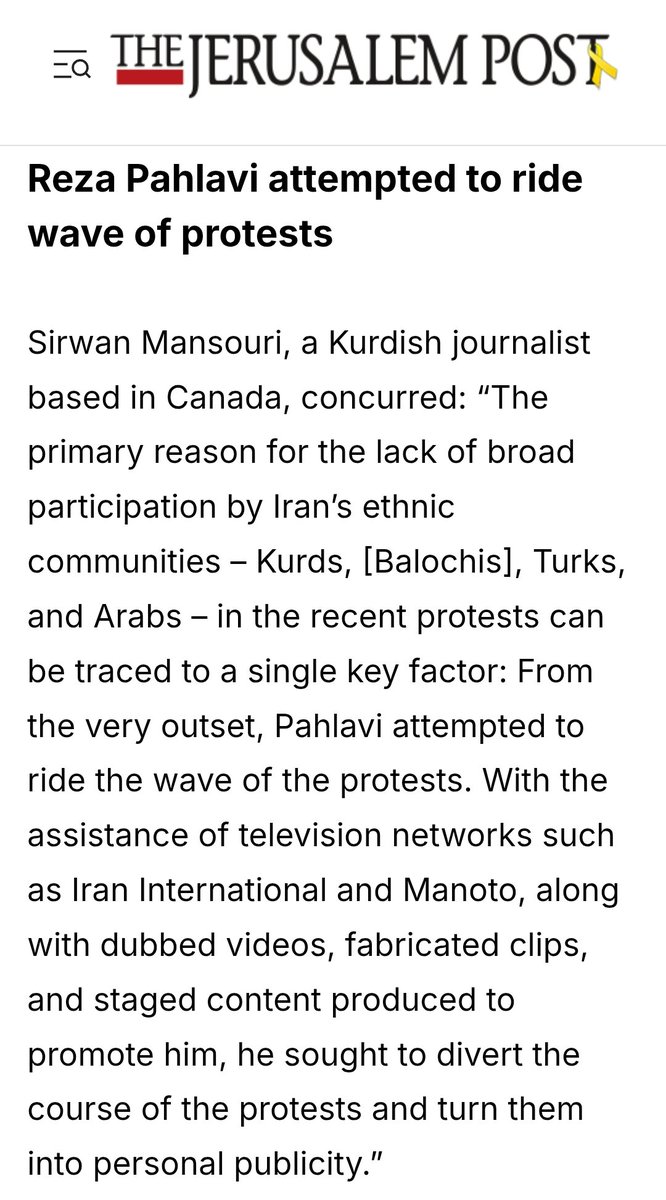 MansouriSirwan's tweet photo. 🔴به «جروزلم پست» گفتم که علت اصلی همراهی نکردن اتنیک‌ها(ملیت‌ها)ی ایران با رضا پهلوی و نفی او در اعتراضات اخیر این بود که رضا پهلوی با سوار شدن روی موج اعتراضات، با صداگذاری رو ویدیوهای اعتراضات و پروموت شدن توسط رسانه‌های اینترنشنال و منوتو👇
https://t.co/rOtkGx1k2O https://t.co/ZU6sGf9tBE