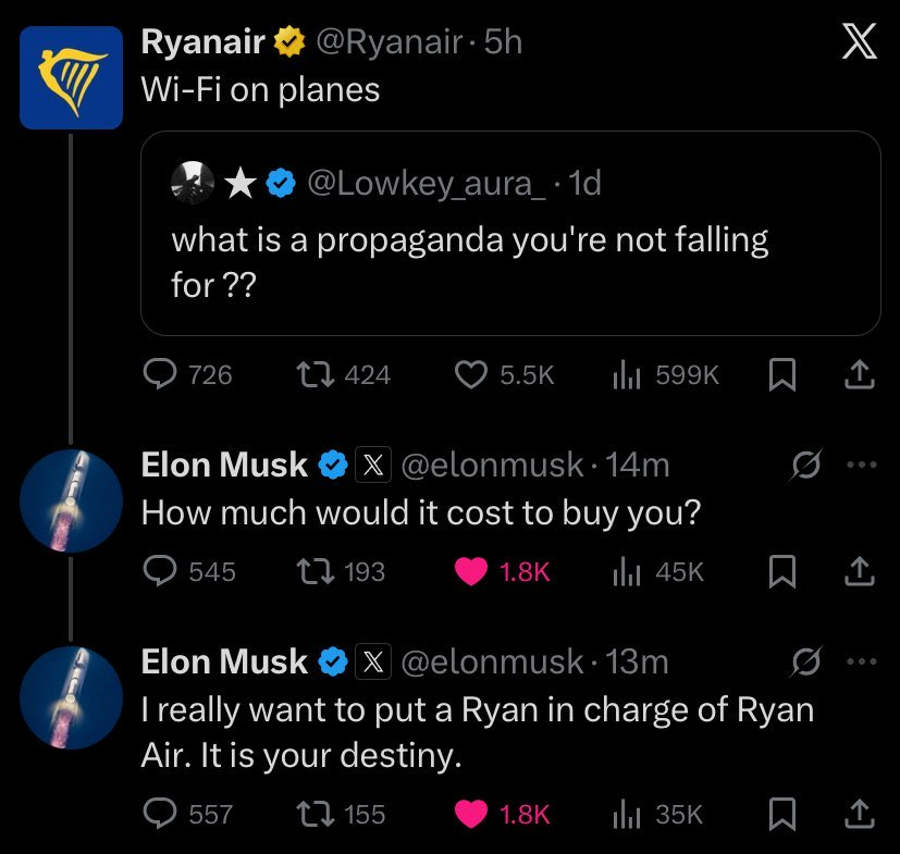 Polymarket's tweet image. BREAKING: Elon Musk has asked Ryan Air how much it would cost to buy them to replace their CEO with someone named Ryan.

11% chance he does it &amp;amp; rising.