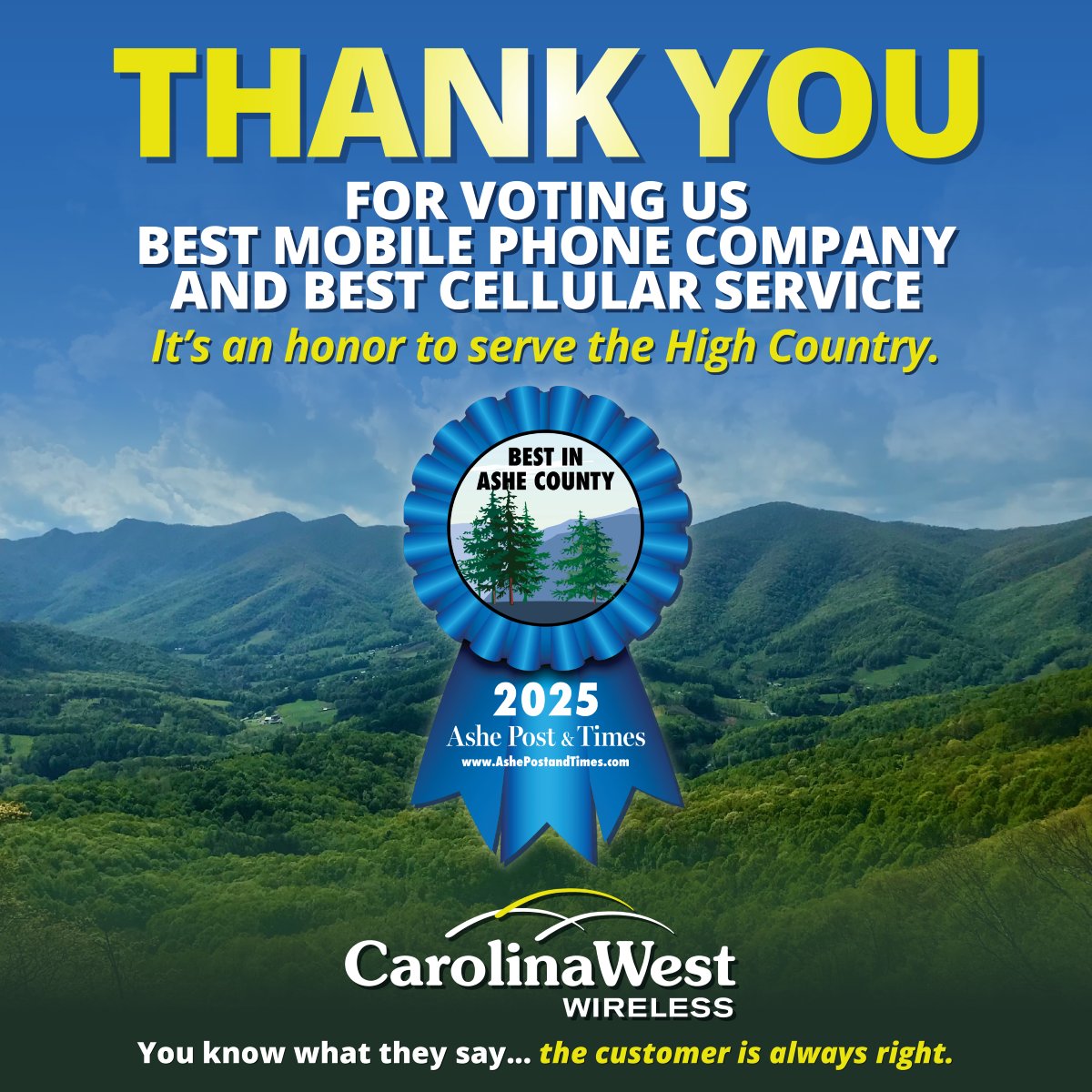 CWWireless's tweet photo. We’re honored to be voted Best Mobile Phone Company and Best Cellular Service in Ashe County for 2025! 🎉📱 Thank you for your trust and support. We couldn’t have done it without you. https://t.co/LX9P72FLC5