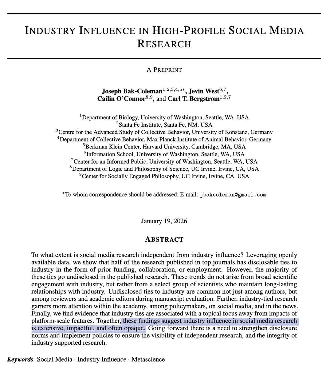 Social media research has a major conflict of interest problem:

“half of the research published in top journals has disclosable ties to industry in the form of prior funding, collaboration, or employment. However, the majority of these ties go undisclosed in the published