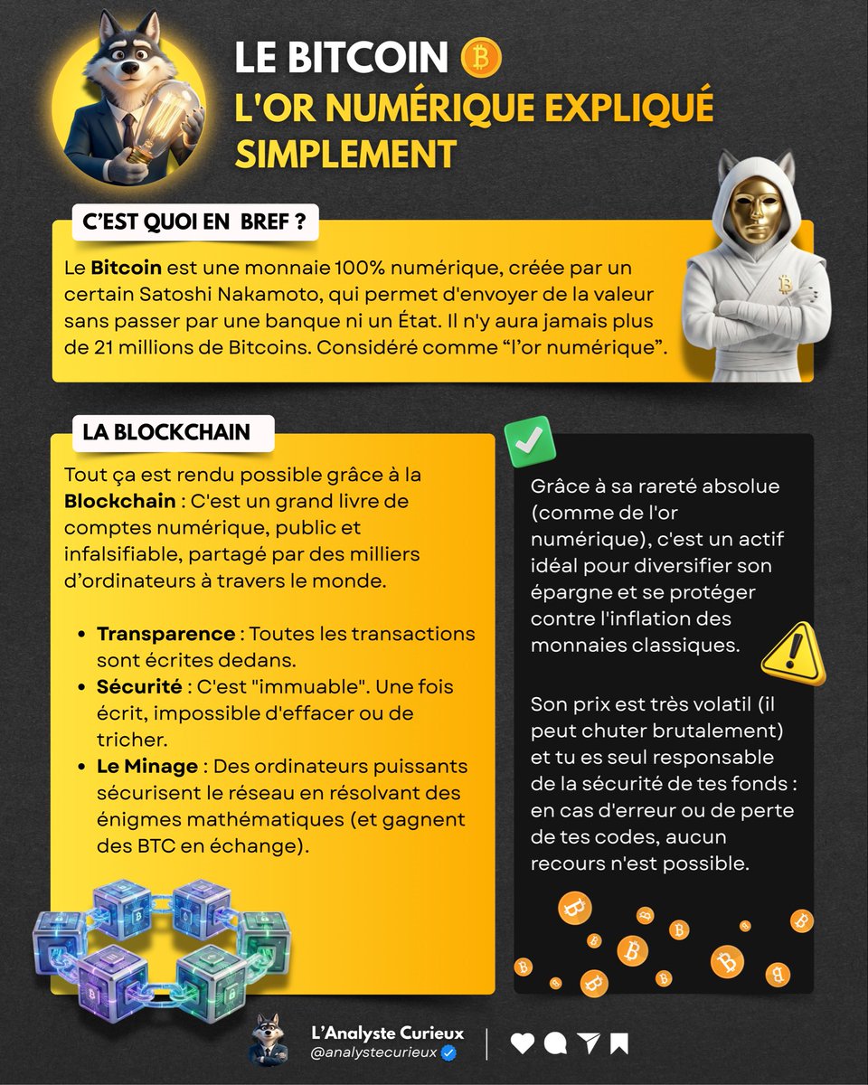 ₿ Le Bitcoin expliqué en 3 points (sans jargon technique). Je ne suis pas  forcément à fond dans les cryptos par contre je trouve le Bitcoin  particulièrement intéressant. Souvent mal compris, je