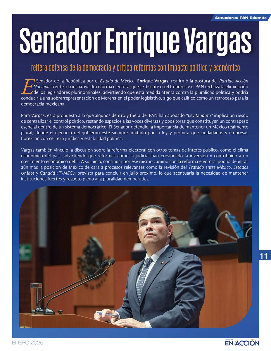 📍 Defender la pluralidad es defender la democracia. <a href="/EnriqueVargasdV/">Enrique Vargas Del Villar</a> advierte que eliminar plurinominales debilita contrapesos y afecta la certeza jurídica, la inversión y el crecimiento rumbo a la revisión del T-MEC. 🇲🇽⚖️📉