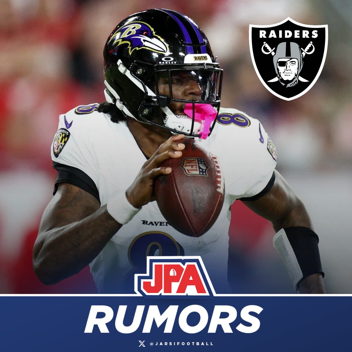 jasrifootball's tweet image. 𝗥𝗨𝗠𝗢𝗥𝗦: There has been speculation in recent days that the Ravens and Raiders could end up discussing a trade that would send Lamar Jackson to Las Vegas, per @profootballtalk

“There's a feeling out there that the Raiders are going to make a play for Lamar. That that's the…