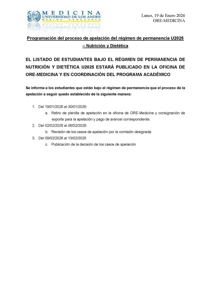 Programación para el proceso de apelación del régimen de permanencia del programa Nutrición y Dietética U2025
