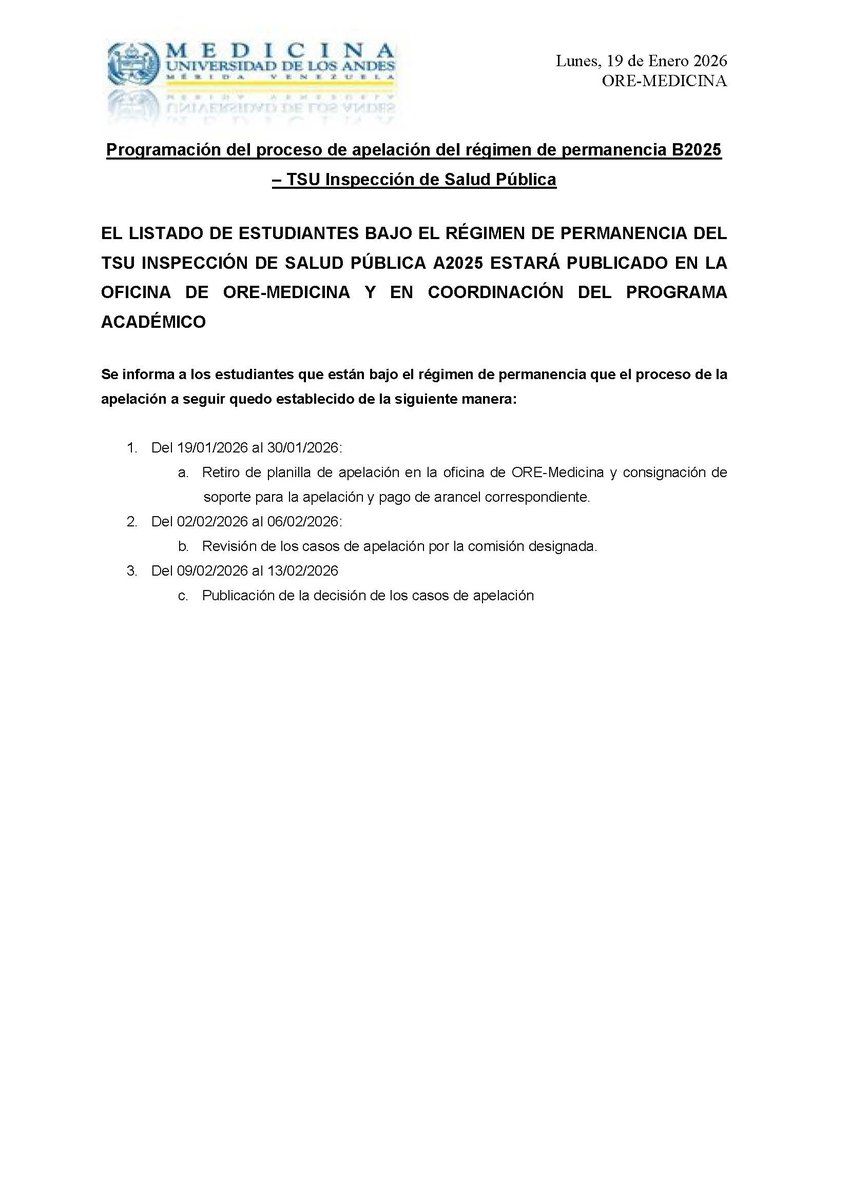 Programación para el proceso de apelación del régimen de permanencia del programa TSU Inspección de Salud Pública B2025
