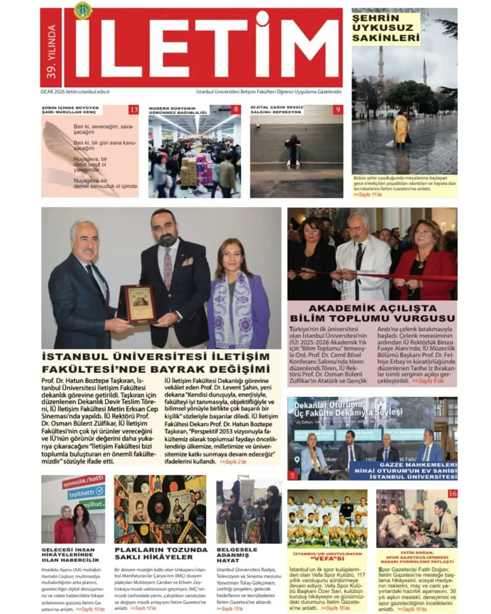 ✨️ İletim Gazetesi Ocak 2026 sayısı birbirinden dolu haberlerle yayında!

💭 İstanbul Üniversitesi İletişim Fakültesi uygulama birimlerinden biri olan İletim Gazetesi, 38. yılında yeni Ocak 2026 sayısı okuyucularla buluşuyor.