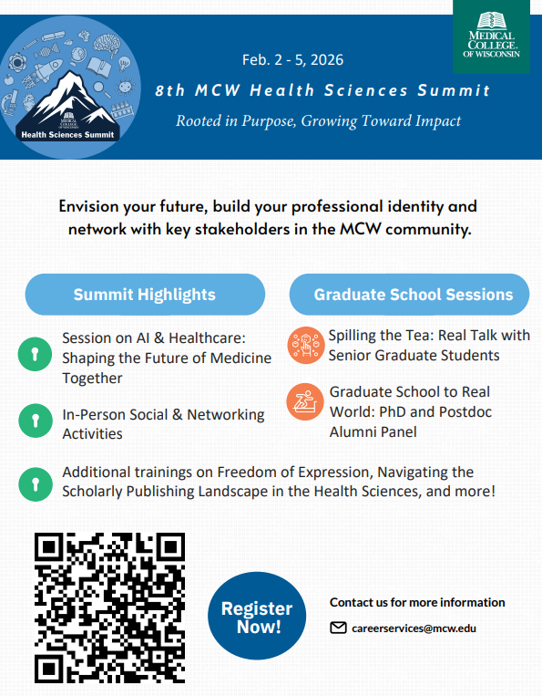 MCW_GSA's tweet photo. Don’t miss the 8th Annual MCW Health Sciences Summit, February 2 to 5, 2026.

Career development, networking, and community building with students, postdocs, alumni, and faculty across MCW. Panels, food, prizes, and more.

See the flyer and your email for details. See you there! https://t.co/Uo5jRmfZKI