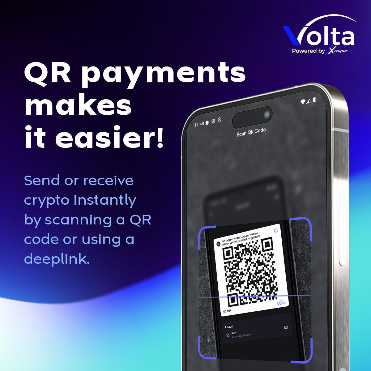 Scan. Send. Done. 📲 QR payments make sending and receiving crypto fast,  simple, and stress-free. No long addresses. No mistakes. Just instant  transfers with Volta. Download link in bio!