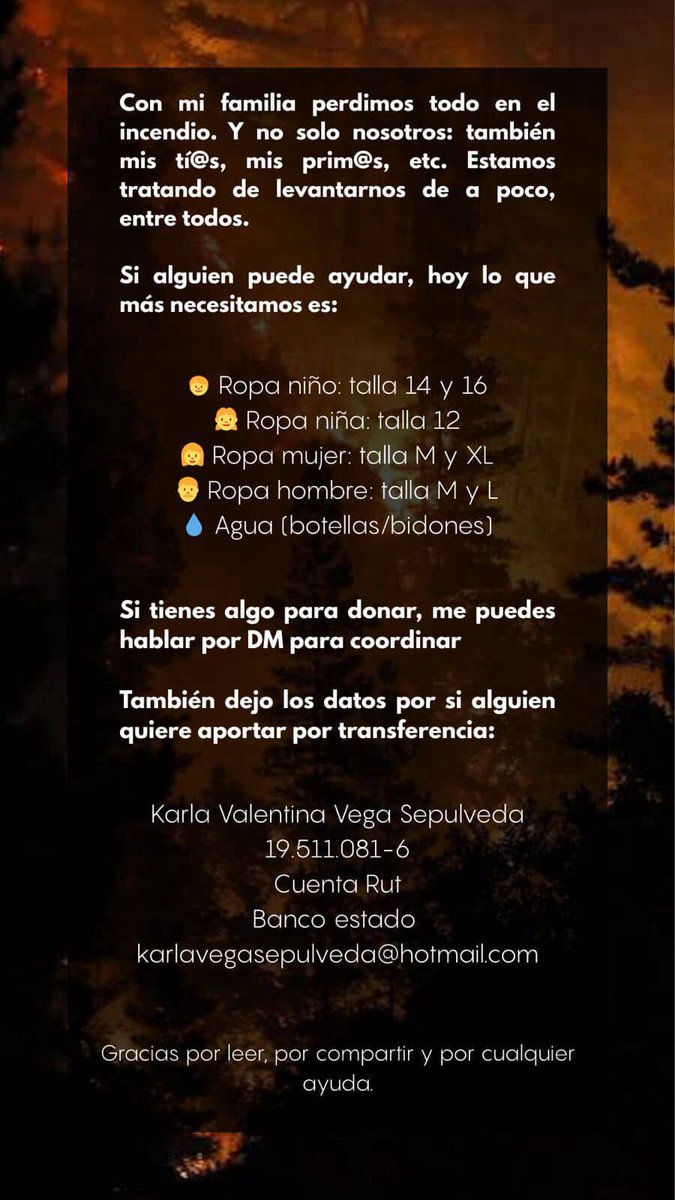 Familiares míos perdieron todo con los incendios. Cualquier ayuda se agradece infinitamente