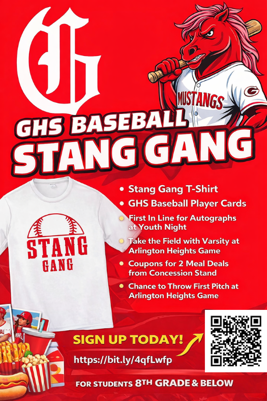 Gvinebaseball's tweet photo. 🐎⚾️ Calling all students 8th grade &amp; below! Join the 1st-ever Stang Gang and support Grapevine HS Baseball!
#StangGang #MustangPride https://t.co/xBu4PUXlZH
