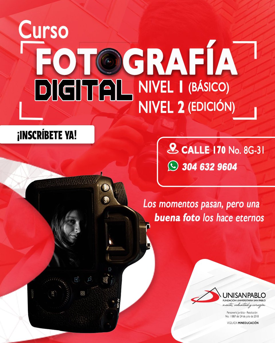 📷Captura momentos, crea historias. Aprende fotografía con nosotros.📷
Contáctanos: wa.me/message/7WL3U5…
UNISANPABLO: mente, voluntad y corazón.
unisanpablo.edu.co
#UNISANPABLO #unipaulinos #estudiar #cursopresencial #cursofotografia #Metas2026