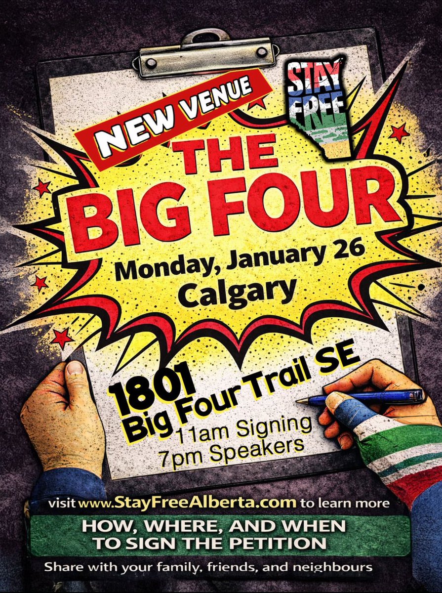 PaulMitchell_AB's tweet image. Very important, please share widely!

The Alberta independence event in Calgary on Monday January 26th has been moved to a new venue: The Big Four (1801 Big Four Trail SE).

The signing hours have been expanded starting at 11 a.m. and the speakers are still on at 7 p.m. 🤠👇