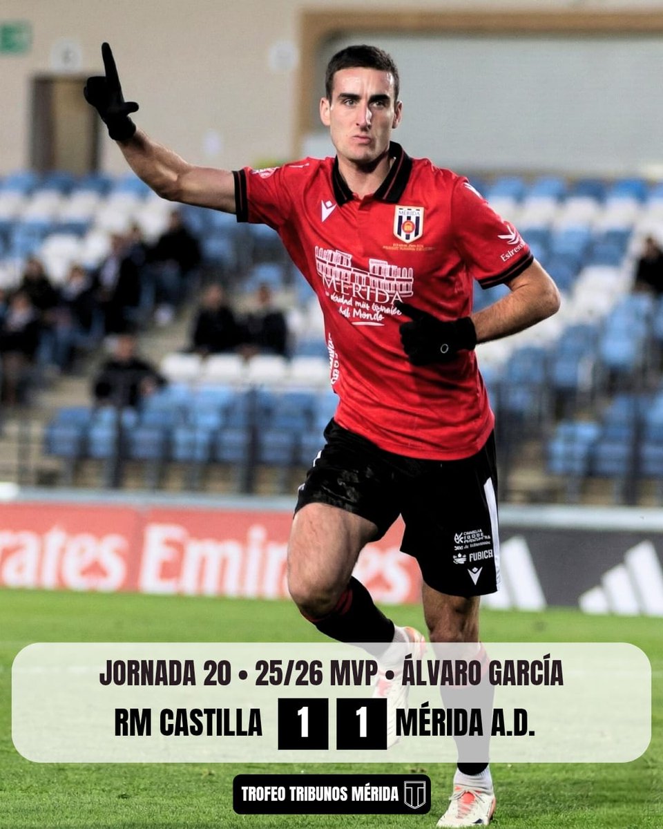 RM Castilla 1 - 1 <a href="/Merida_AD/">A.D. Mérida</a>
Gol: ⚽ <a href="/varogarci/">Álvaro García Arana</a>
Puntos de la jornada 20:
3 MVP <a href="/varogarci/">Álvaro García Arana</a>
2 <a href="/adrcsenterics/">Csenterics Adrián</a>
1 <a href="/raulbeneit2607/">Raul Beneit Romero</a>
Vamos <a href="/Merida_AD/">A.D. Mérida</a>!!
