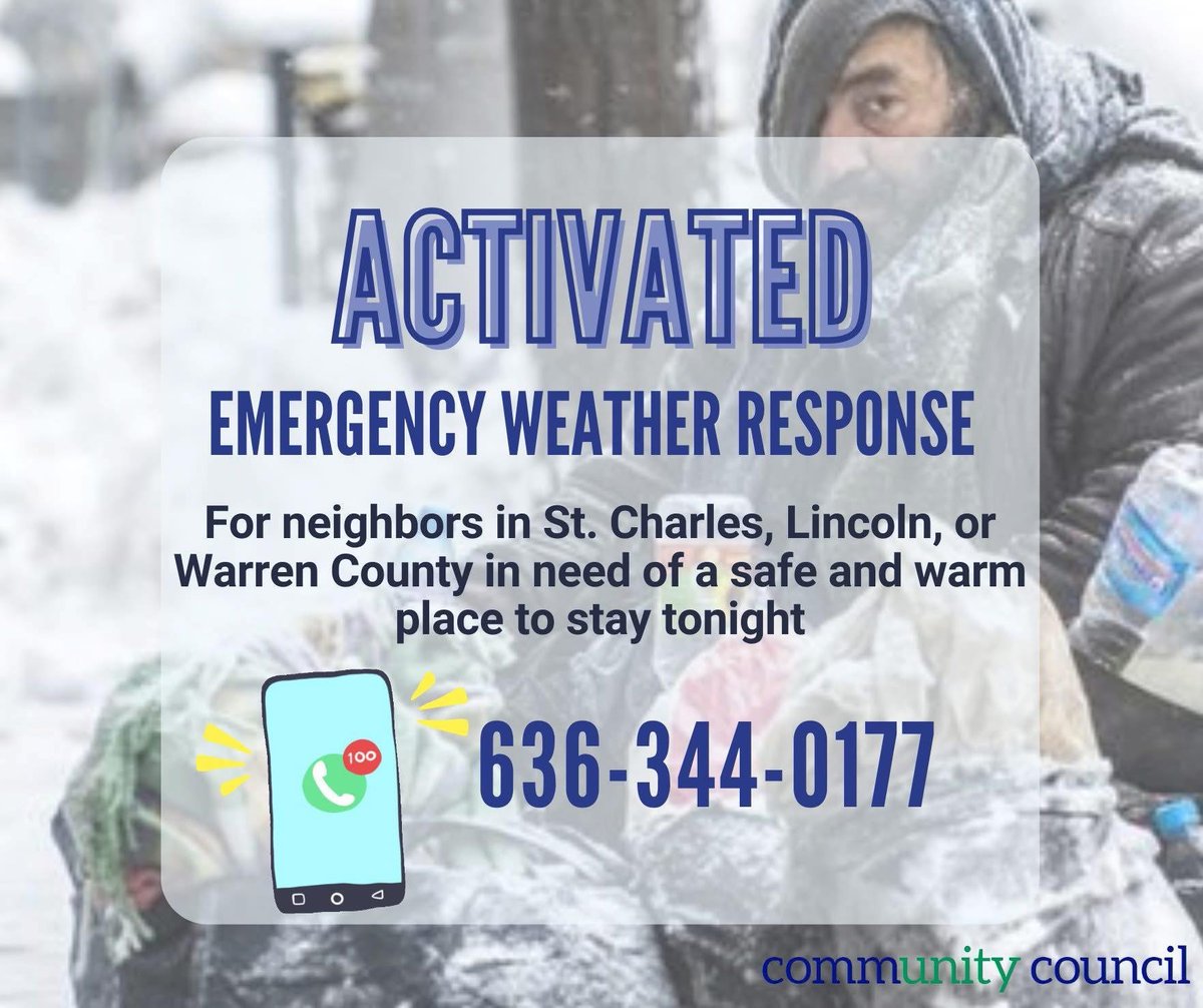 Emergency Warming Shelter Open Tonight. For details on shelter locations, transportation, or bringing pets, call (636) 344‑0177.

Sharing this message could connect someone to safety and warmth tonight.