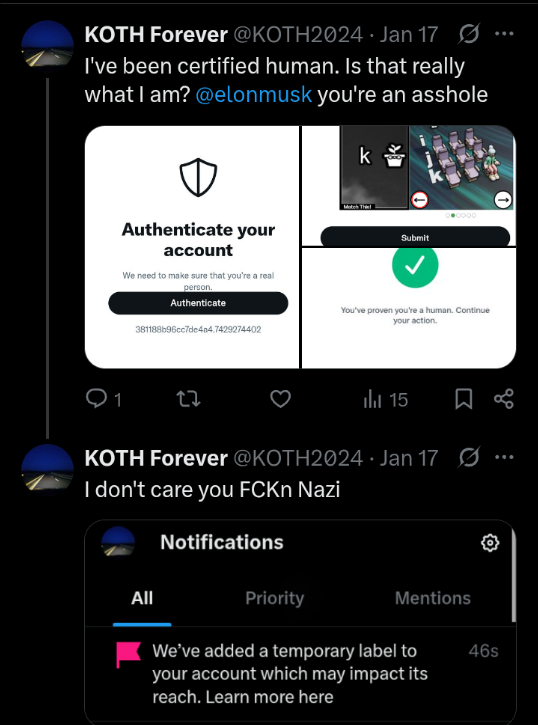 <a href="/BackupJeffx/">Parody Jeff</a> That's just the way this site is. I talked back to Elon and got immediate limited visibility after they tried to make me go through verification to prove I was a human...my visibility was already limited😅