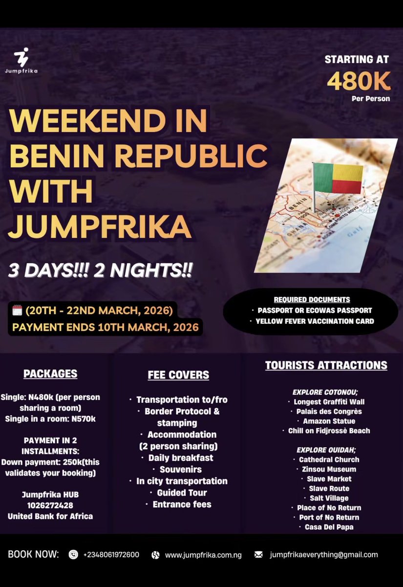 Headed to Benin Republic?🇧🇯 
Make sure to carry some CFA Francs! Not all places accept cards. #BeninTravel #TravelTip
wa.me/message/CRBWSU…