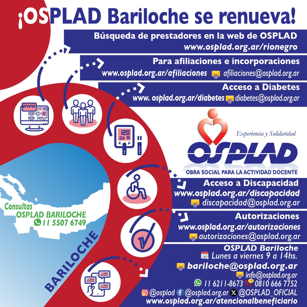 Bariloche se renueva ‼️
📆A partir del 1° de febrero 
📲011 5507 6749
📧bariloche@osplad.org.ar
#OspladEstáMásCerca
