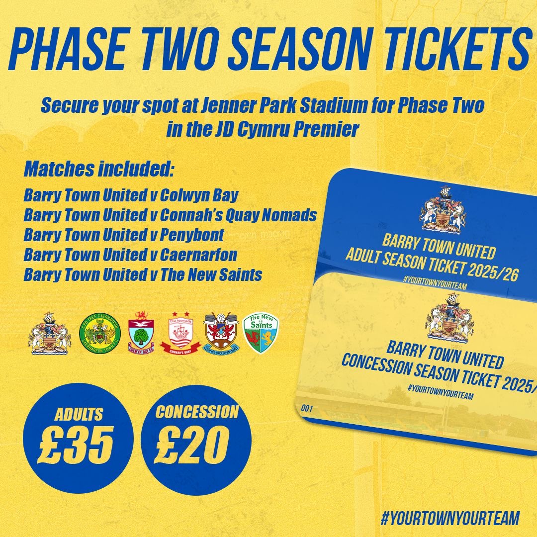 Phase Two Season Tickets

Did you visit Jenner Park during Phase One and fall in love with the Town! We are now offering our Phase Two Season Tickets that will get you into all our home JD Cymru Premier fixtures until the end of the season. 

Head over to the Fanbase app for