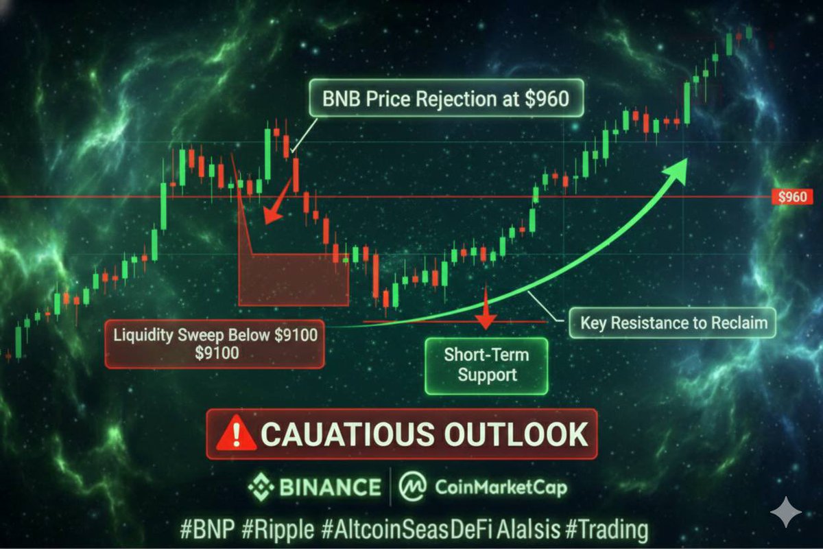BNB was rejected at a key resistance level and moved lower. Sellers pushed  price down to clear nearby liquidity before it stabilized. Right now, the  market looks cautious with no clear direction.