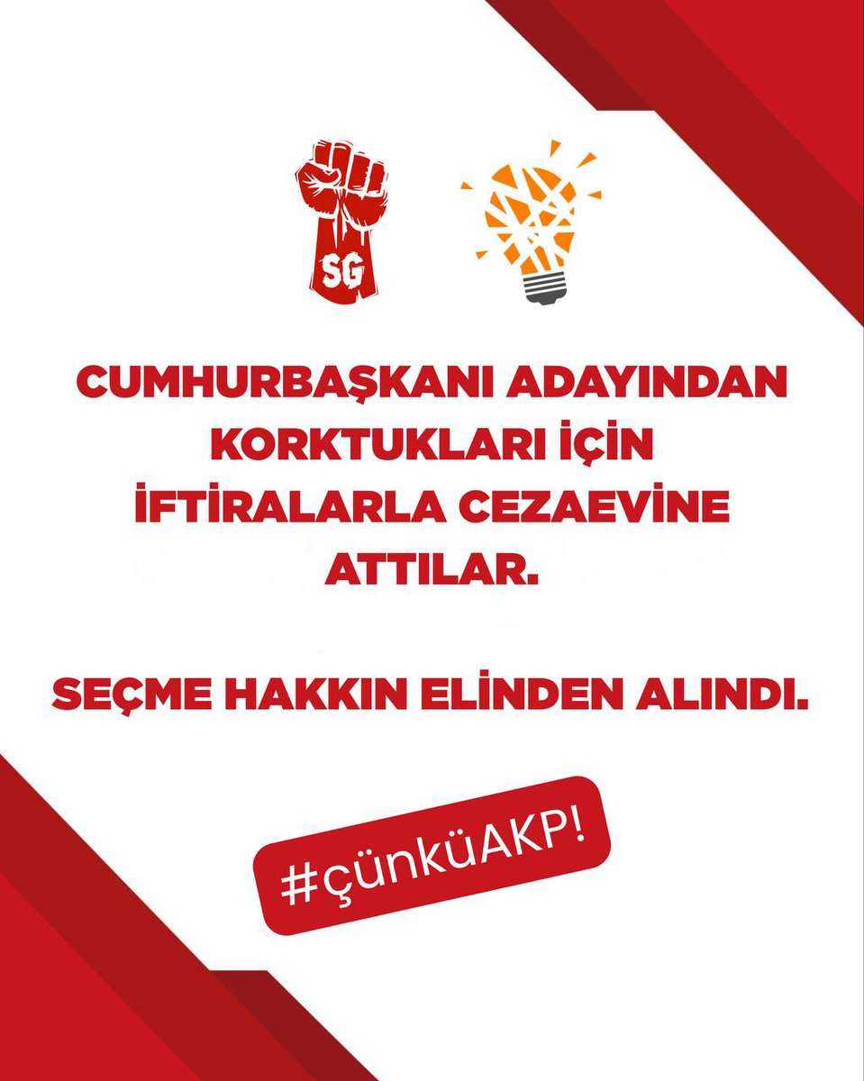 Cumhurbaşkanı adayından korktukları için iftiralarla cezaevine attılar.

Seçme hakkın elinden alındı. #çünküAKP