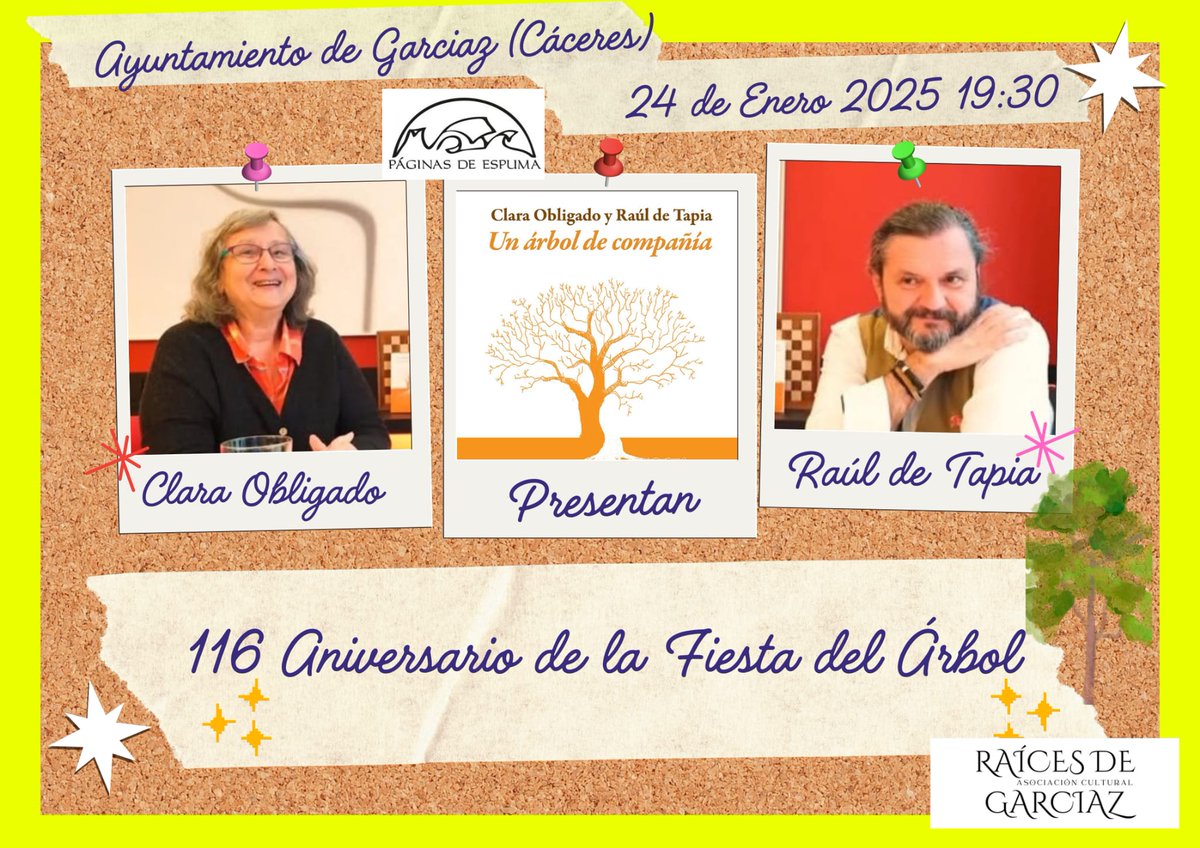 24/01. 19:30 h. 116 Aniversario de la Fiesta del Árbol. Clara Obligado y Raúl de Tapia presentan "Un árbol de compañía". Ayto <a href="/SIEMPREGARCIAZ/">GARCIAZ</a> <a href="/raicesdegarciaz/">@raícesdegarciaz</a> <a href="/Villuercasoeste/">Plataforma zona villuercas oeste</a> <a href="/DehesaVilluerca/">Dehesas y Villuercas Ecologistas en Acción</a> <a href="/DiputacionCC/">DiputacionCC</a> <a href="/Turismo_DipCC/">Turismo Provincia Cáceres</a> <a href="/Junta_Ex/">Junta de Extremadura</a> <a href="/extremadura_tur/">Extremadura Turismo</a> <a href="/LasTejoneras/">Las Tejoneras De Conquista</a> <a href="/bibliotecaextre/">Biblioteca Virtual Extremeña</a>