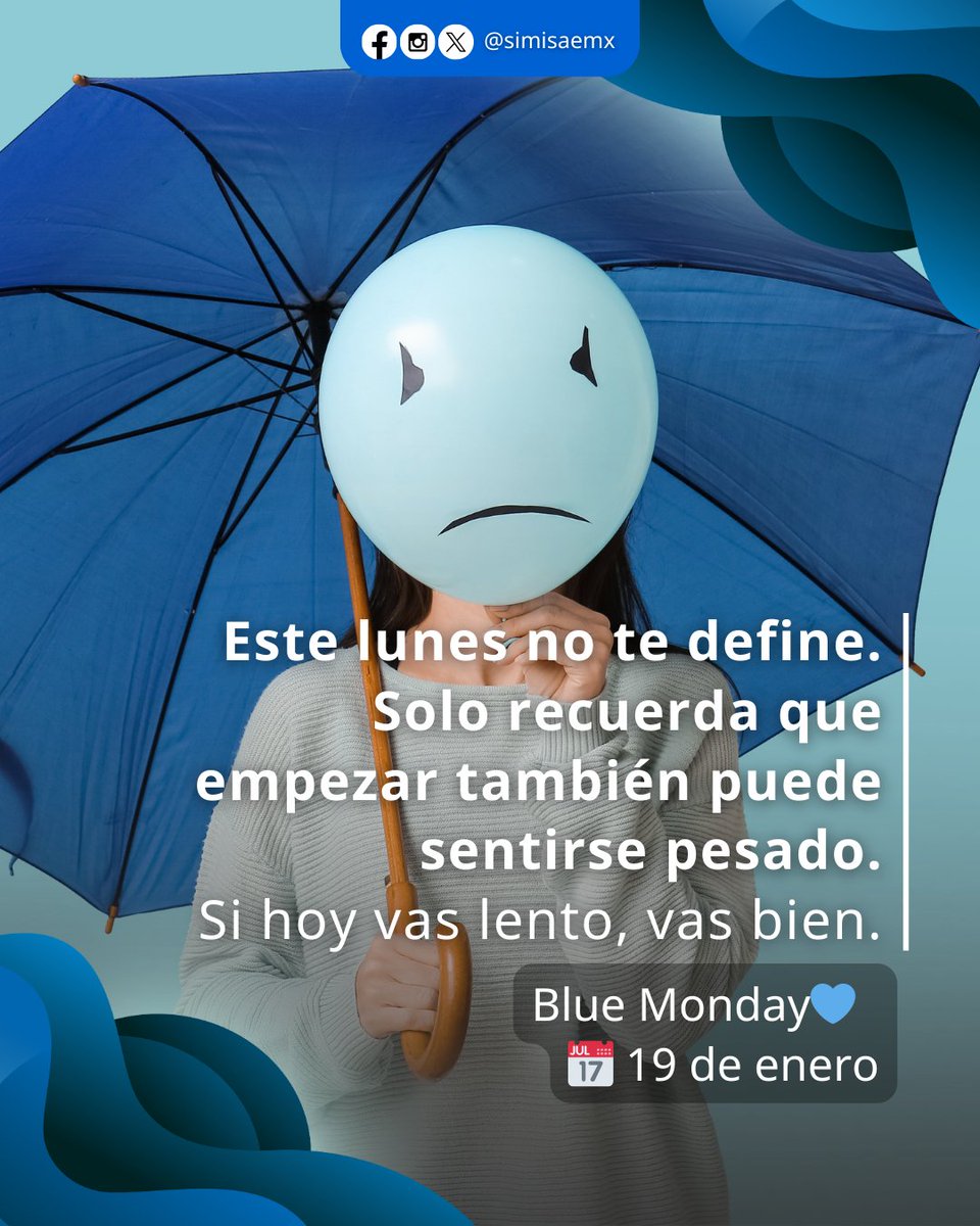 Blue Monday 🌊

Más allá del nombre, este día suele funcionar como un espejo:

Cansancio que se viene acumulando desde hace semanas, la presión por “arrancar bien” y las emociones que no siempre se dicen

¿Qué emoción te acompaña este lunes? 💙

#BlueMonday #SaludMental  #SIMISAE