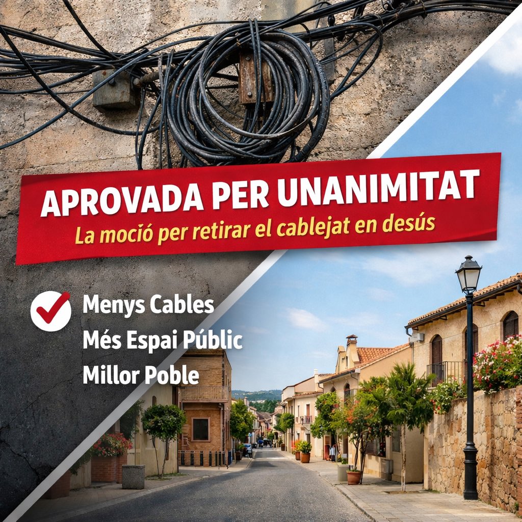 PSCPremiadeDalt's tweet photo. Quan hi ha acord, el poble hi guanya.

Aprovada per unanimitat la moció del PSC de Premià de Dalt per donar suport a la iniciativa del PSOE al Congrés i avançar cap a la retirada del cablejat en desús.

Més ordre, més seguretat i més qualitat de vida.
#PSC #PSOE #PremiàDeDalt https://t.co/kBACrtgBnJ