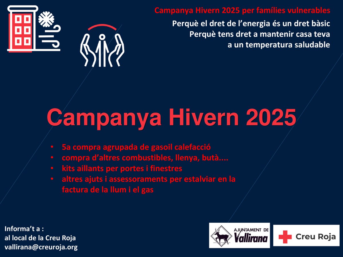 <a href="/crvallirana/">Creu Roja Vallirana</a>  i <a href="/Vallirana/">Ajuntament Vallirana</a>  hem posat en marxa la campanya Hivern 2026 per a famílies amb vulnerabilitat energètica. Amb la compra de llenya, gasoil i butà ajudem a les famílies amb menys recursos a cobrir les necessitats energètiques bàsiques.

#vulnerabilitatenergètica