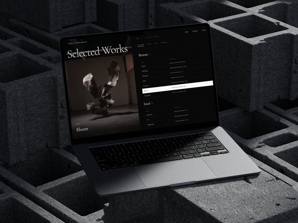 ChunChayut's tweet photo. Object Permanence — a fictional sculptor's portfolio exploring dark aesthetics, slow pacing, and typographic restraint. Design concept built with Astro and Three.js.

#UIDesign #WebDevelopment https://t.co/bSXXO8jqJY