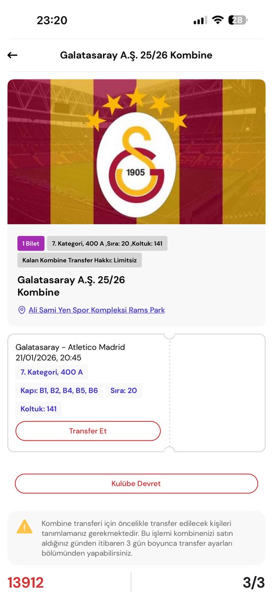 RotasizzSeyyah's tweet photo. Galatasaray Atletico Madrid maçına batı üst kombinemi GİŞE FİYATINA devredeceğim. İstanbul içi yüzyüze teslimat yapılabilir. #biletdevir #bilet #biletarıyorum #galatasaray #atleticomadrid #atletico #gs #GSvATL #kombinedevir #kombine https://t.co/KxKw6PMcjN