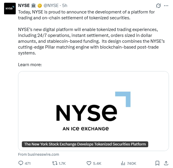 AndrewHiesinger's tweet photo. NYSE’s announcement on tokenized securities is being misunderstood across X.

The New York Stock Exchange is not turning stocks into crypto, moving markets on-chain overnight, or launching DeFi for equities. This is an announcement of intent, not an approved or live product.

At a high level, NYSE is exploring a platform where trading remains the same, but post-trade settlement occurs on-chain rather than through legacy clearing systems. Same matching engine, same rules, same regulators.

What this could eventually enable:
• Faster settlement (moving toward T+0)
• Fractional shares and dollar-based orders
• Stablecoin funding rails
• Better cross-border efficiency
• Extended trading hours

On hours specifically, this fits into the broader industry push toward 24/5, or near-continuous, equity trading. Nothing here authorizes 24/7 trading today. 

The extended-hours expansion still requires regulatory approval and coordination across exchanges, clearinghouses, and brokers. This would roll out incrementally, if at all.

Importantly, none of this is approved yet. The platform is subject to SEC review, rule filings, and regulatory sign-off. That process takes time. Years, not weeks.

Also worth being clear: this will be a permissioned, regulated system, not a public, composable blockchain. NYSE is adopting blockchain efficiency, not decentralization as an ideology.

The takeaway isn’t “crypto wins.” It’s that one of the largest equity exchanges in the world believes existing market plumbing is outdated and that on-chain settlement is the right long-term direction.