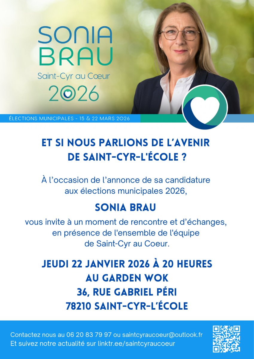 🔊 Nous vous attendons nombreux ce JEUDI 22 JANVIER pour l'annonce de candidature de
<a href="/brau_sonia/">Sonia Brau</a>  
🕗Rendez-vous à 20 heures, au Garden Wok, 36 rue Gabriel Péri, pour échanger avec l'ensemble de l'équipe <a href="/StCyrAuCoeur/">Saint-Cyr au Cœur</a>