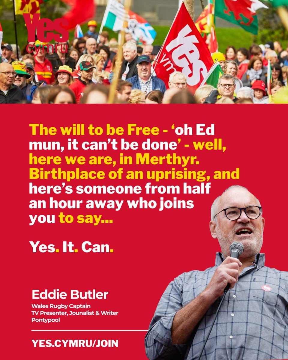 The will to be Free - ‘oh Ed mun, it can’t be done’ - well, here we are, in Merthyr. Birthplace of an uprising, and here’s someone from half an hour away who joins you to say...

Yes. It. Can. 

Join YesCymru
yes.cymru/join