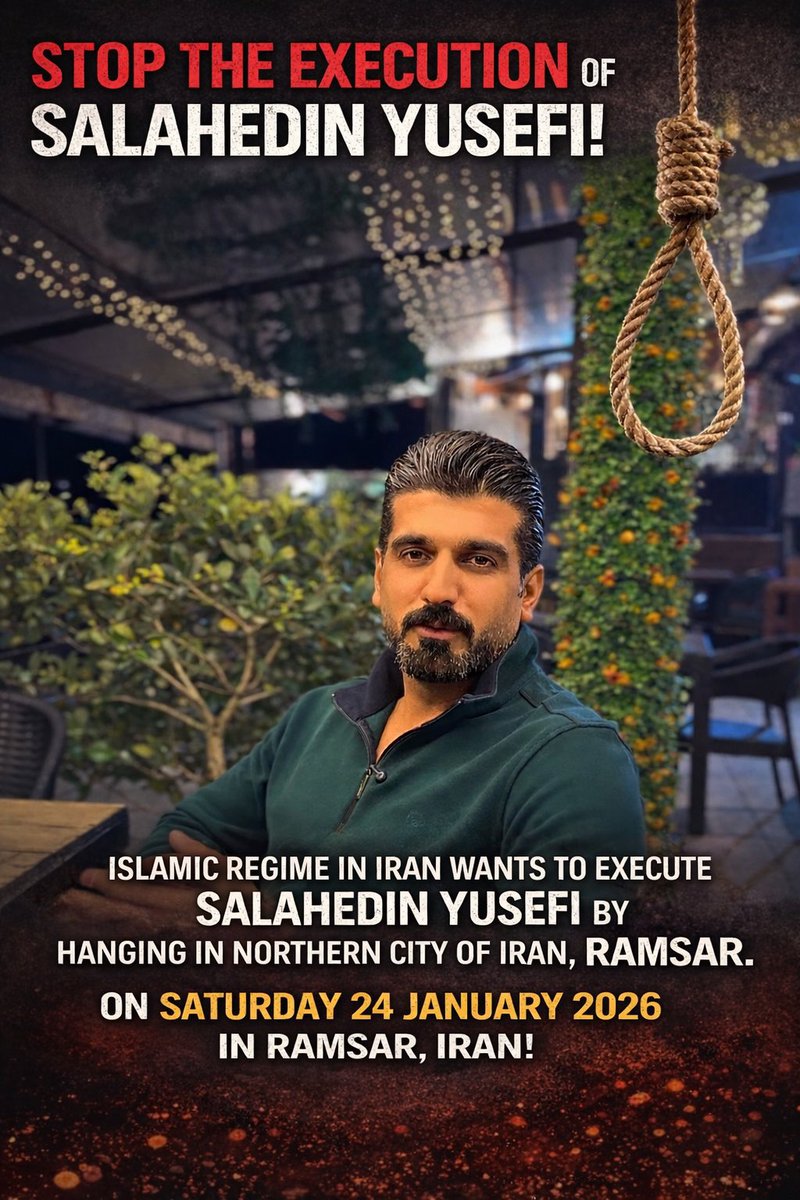 tina_hsn's tweet photo. Islamic regime in iran wants to execute salahedin yusefi by hanging in northern city of iran, ramsar, on Saturday 24 January 2026! He is a Kurdish man arrested by Islamic regime forces during the uprising against regime. #salahedinyusefi #digitalblackoutiran 
#IranRevolution2026 https://t.co/BdYjER790h