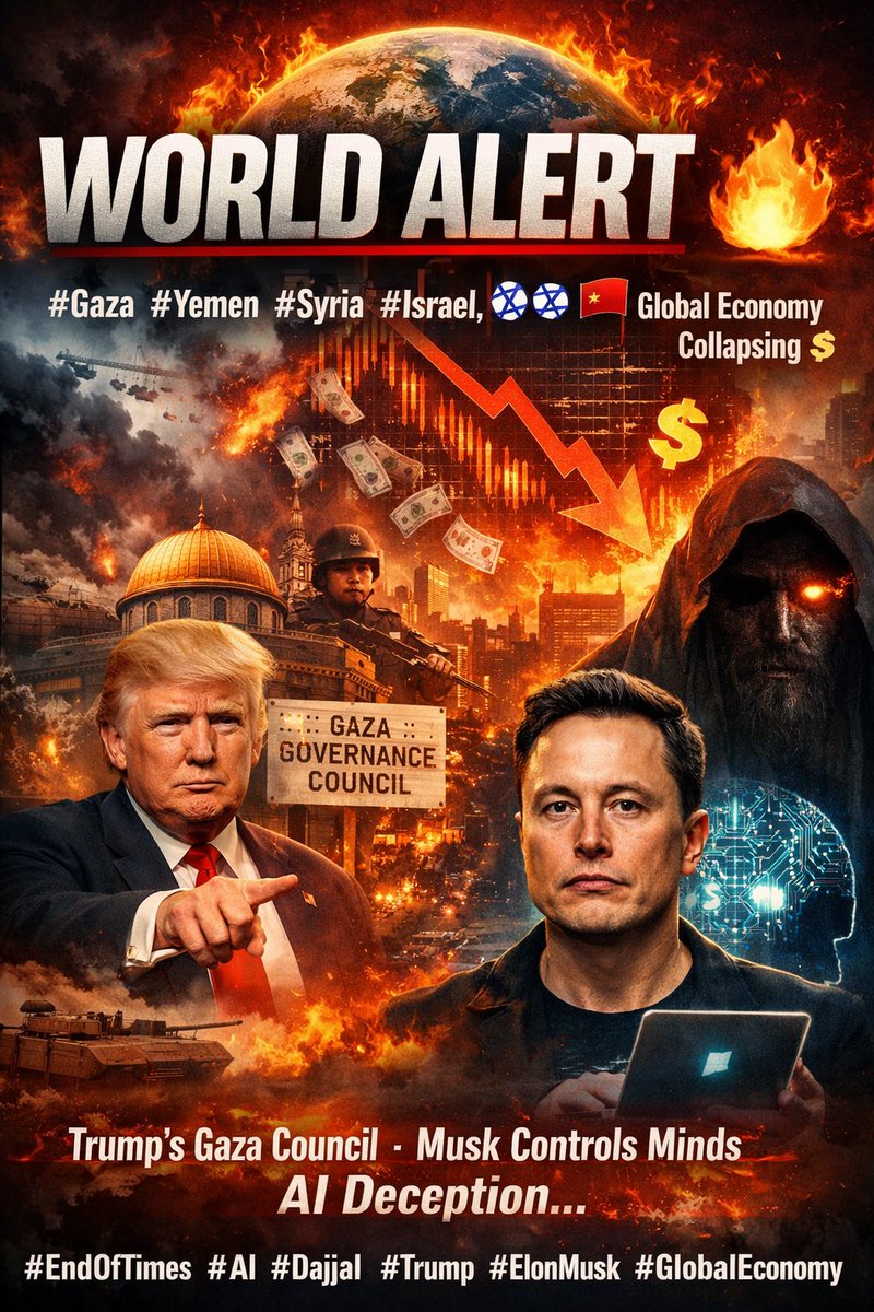 TechInsight_EG's tweet image. 🚨 BREAKING 🔥
#Gaza #Yemen #Syria #Israel #Ukraine #Iran #China 🌏 | Global economy collapsing 💸
#Trump forms "Gaza Council", #ElonMusk controls minds 💻, AI twists reality… Signs of the Dajjal.
#EndOfTimes #AI #Dajjal
#BreakingNews #MiddleEast   #WorldOnFire #GlobalEconomy